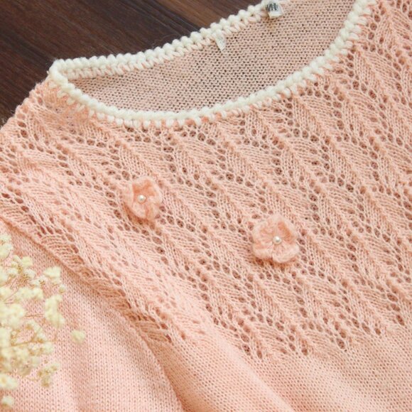 Vintage 1980s Sweater, Rt Mind Pink Pointelle Knit Pullover, Bishop Sleeve - Picture 7 of 10